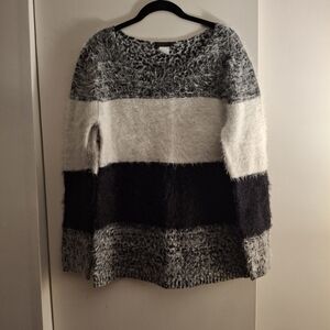 VENUS Women's Fuzzy Striped Sweater - Black, Gray, and White